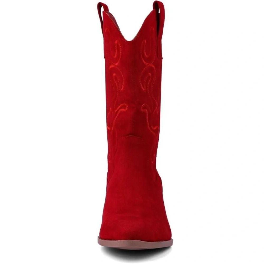 Women Red Suede Mid Calf Chunky Block Heel Western Embroidered Cowgirl Boot - Picture 3 of 8